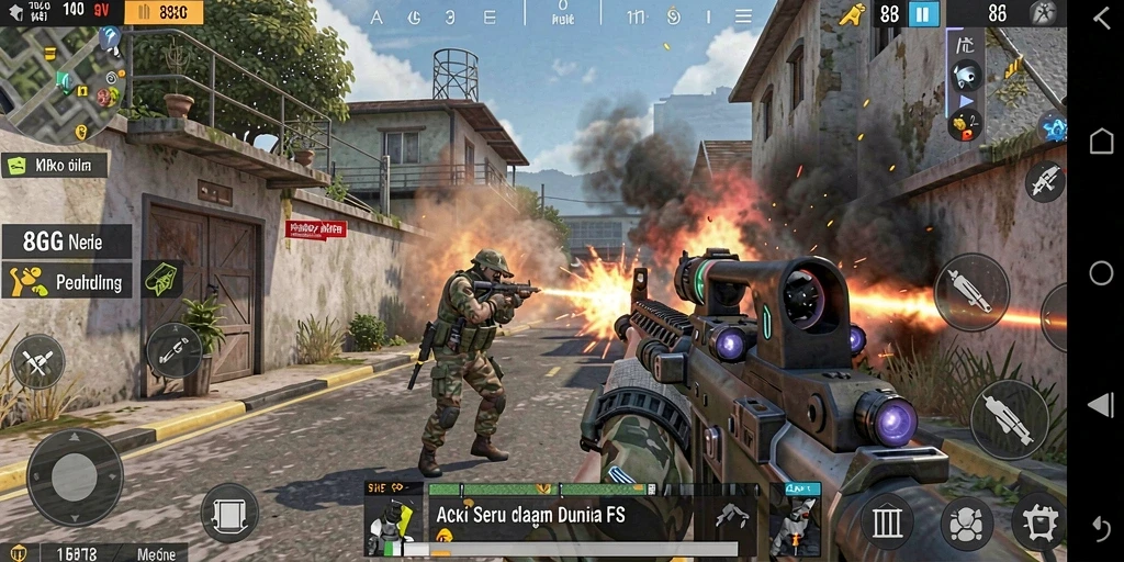 Screenshot utama menampilkan aksi seru dalam pertempuran FPS.