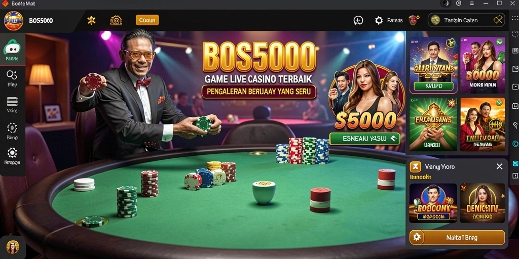 Screenshot gameplay Live Casino BOS5000 menampilkan dealer yang ramah dan suasana kasino yang nyata.