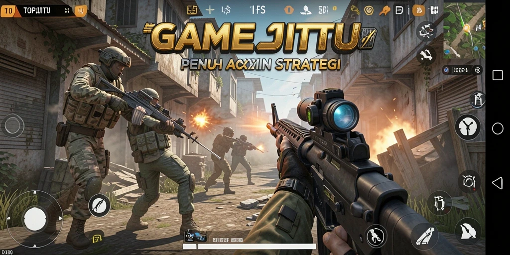 Screenshot menunjukkan aksi intens dalam gameplay FPS TOPJITU.