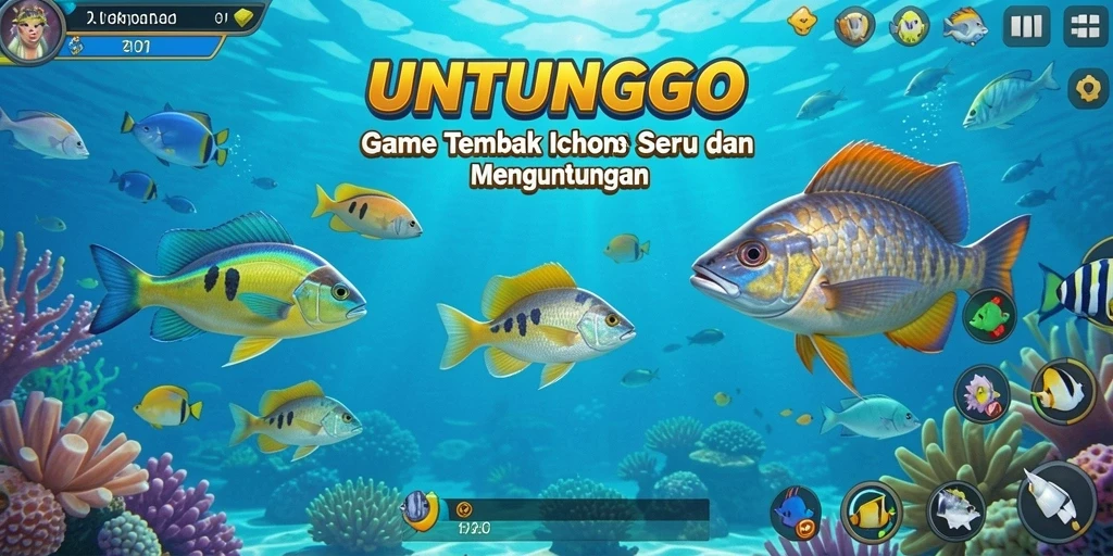 Tampilan gameplay seru Tembak Ikan UNTUNGGO yang penuh warna.